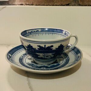 Vintage Canton Style Blue Teacup and Saucer